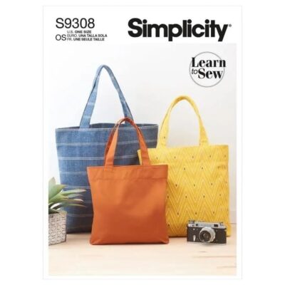 Simplicity S9308 Tote Bag Sewing Pattern, Unlined Tote Bags with Inside Pockets, Three Sizes, One Size