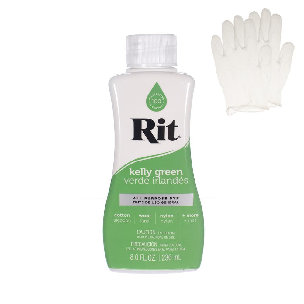 Rit Dye – Liquid Fabric Dye for Crafting, Clothing, and Décor – 8 oz. Bottle – Kelly Green (Gloves Included)