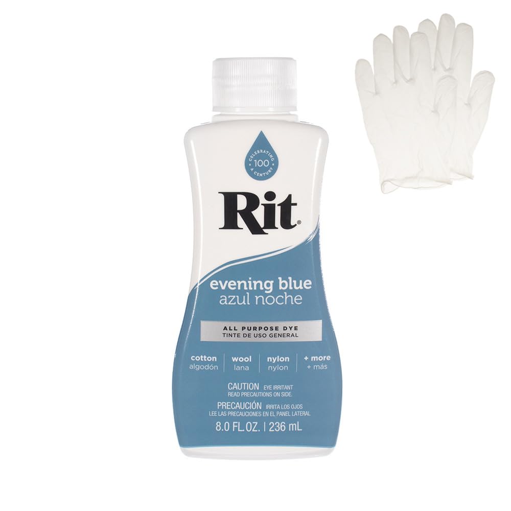 Rit Dye – Liquid Fabric Dye for Crafting, Clothing, and Décor – 8 oz. Bottle – Evening Blue (Gloves Included)