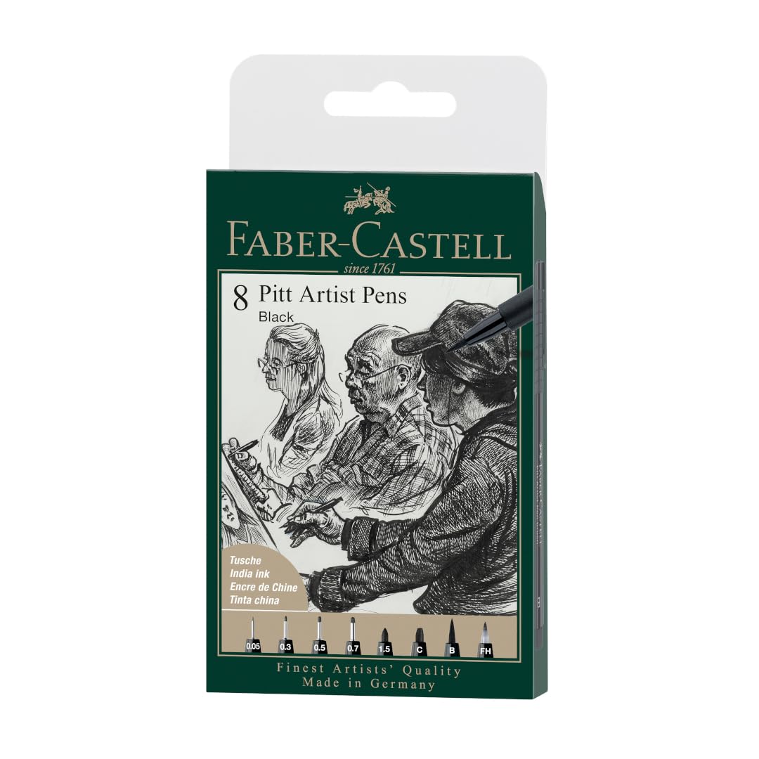 Faber-Castell PITT Artist Pen India Ink Pen - wallet of 8 - colour 199 black - XXS, S, F, M, B, C, 1.5, Fude Hard, (167158)