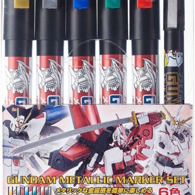 MR.HOBBYミスターホビー GMS121 Gundam Metallic Marker Set, Paint Type, Felt Tip Pens, for Painting Gunpla, 5 Colours & GM20 Brush Type Black, Set of 6, Chisel