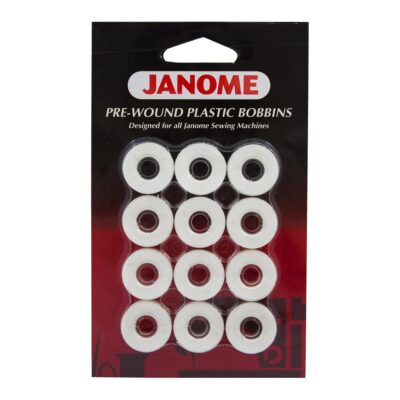 Janome 12 Pack Pre-Wound Plastic Bobbins Thread 80 Yards Polyester (White)