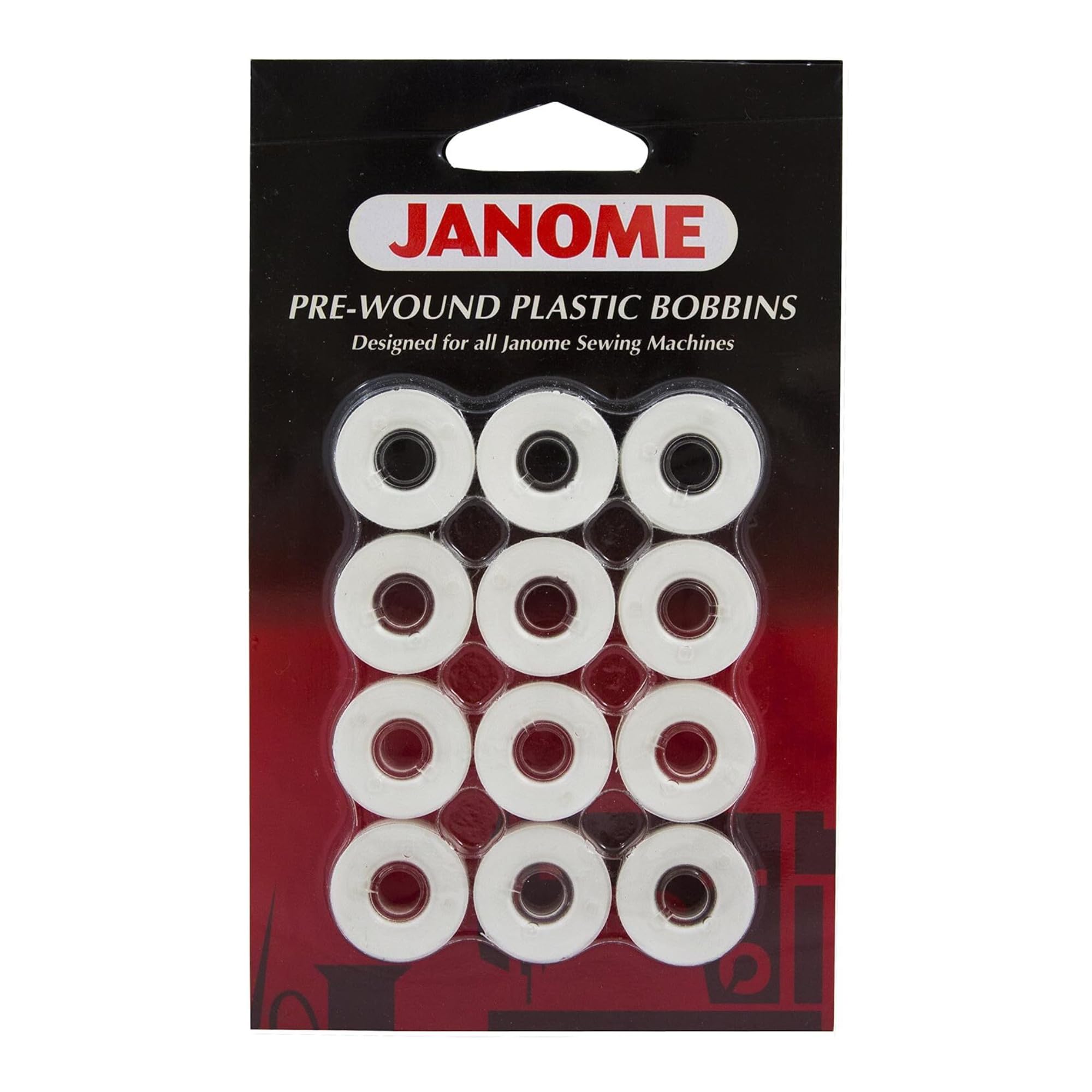 Janome 12 Pack Pre-Wound Plastic Bobbins Thread 80 Yards Polyester (White)