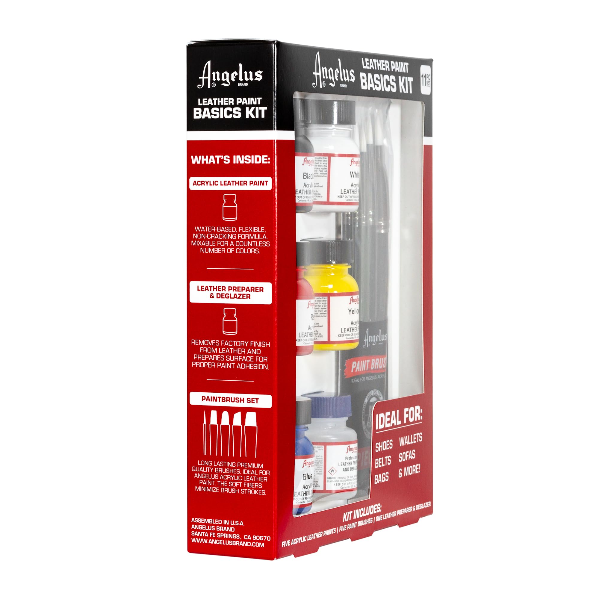 Angelus Acrylic Leather Paint Basics Kit, Contains 1 oz Bottles of Black, White, Red, Blue, Yellow and Preparer, Plus a 5-Piece Brush Set - Image 4
