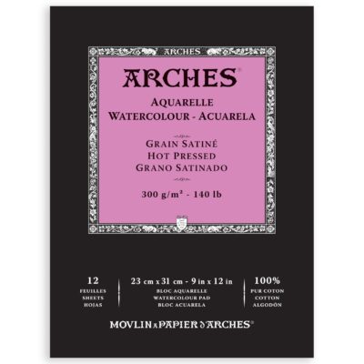 Arches Aquarelle Watercolor Pad, Hot Pressed, 140lb/300gsm, 12 Sheet, 9x12 inch, Arches Watercolor Paper 100% Cotton