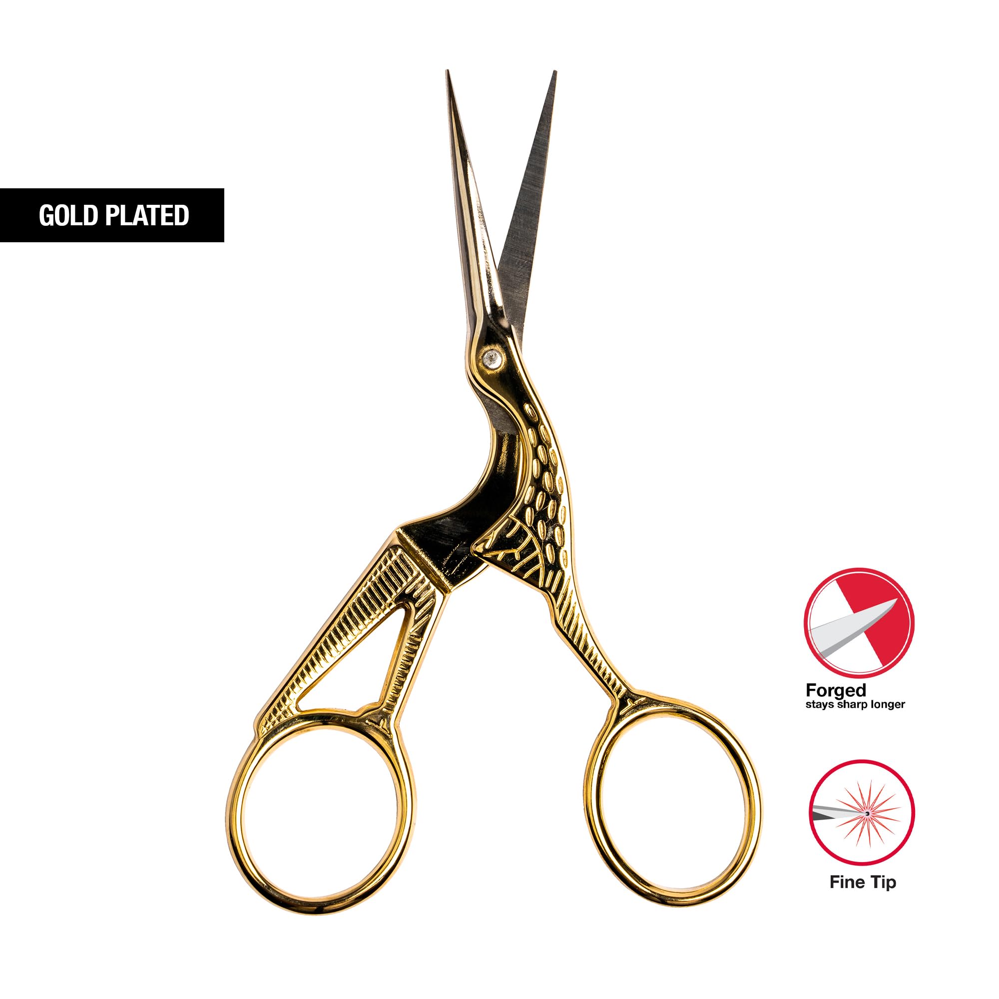 SINGER 4 Inch Forged Embroidery Scissors with Curved Tip for Sewing, Cross-Stiching, Crafts, & More (Gold Stork Design, 1-Pack) - Image 3