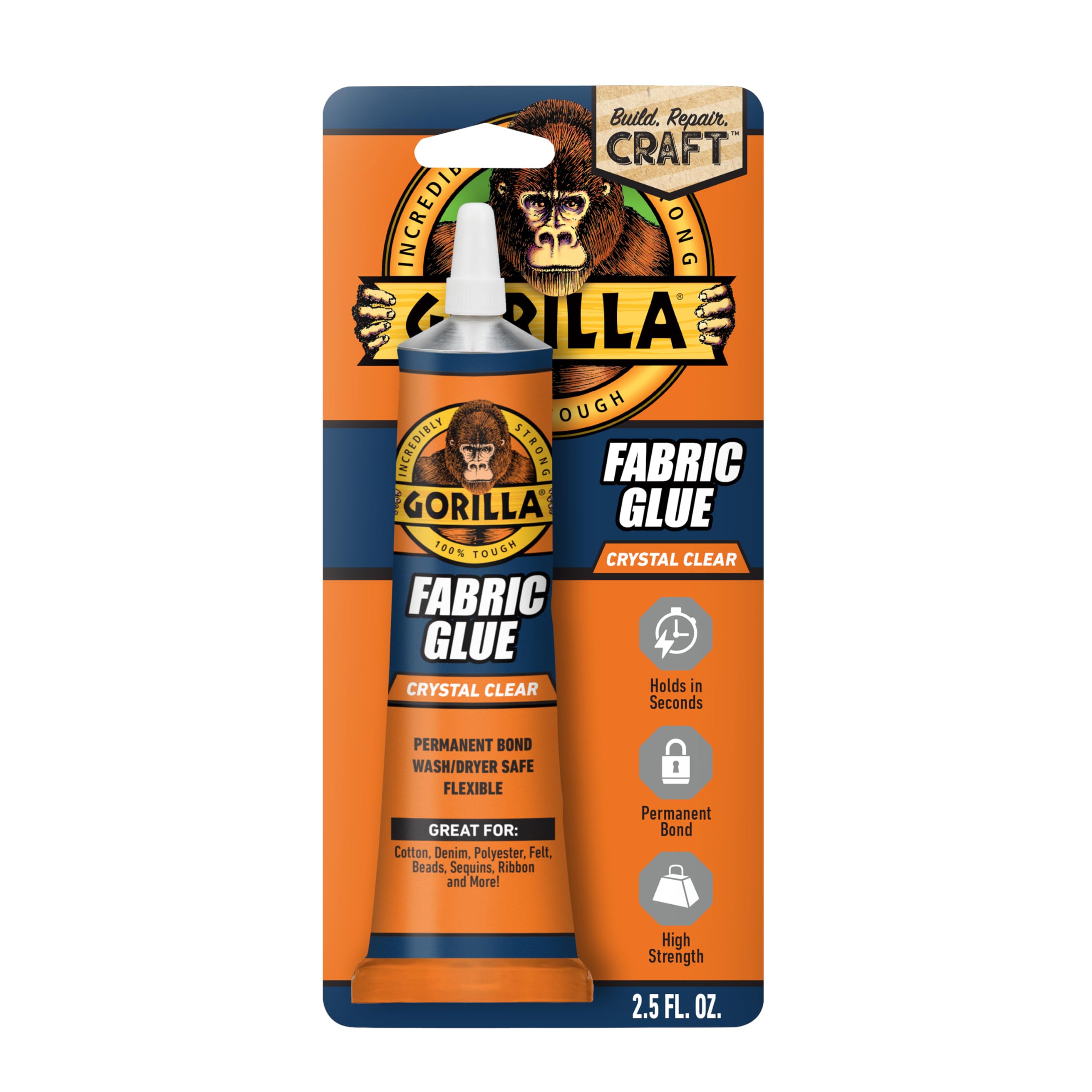 Gorilla Fabric Glue No-Sew Adhesive for Repairs & Patches 2.5 oz, 1 Pack