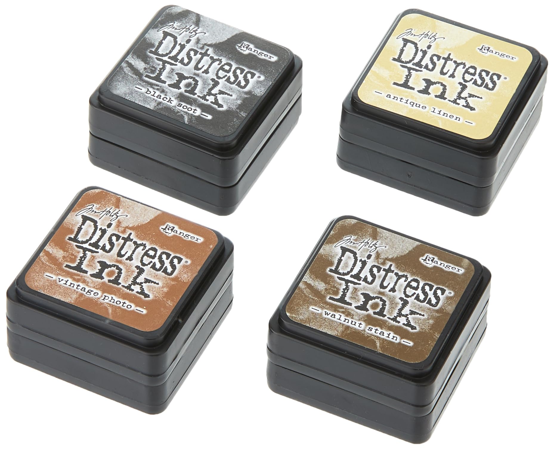 Ranger Tim Holtz Distress Mini Ink Pads, Antique Linen, Vintage Photo, Walnut Stain, and Black Soot, Mini (Four 1x1 inch Pads)