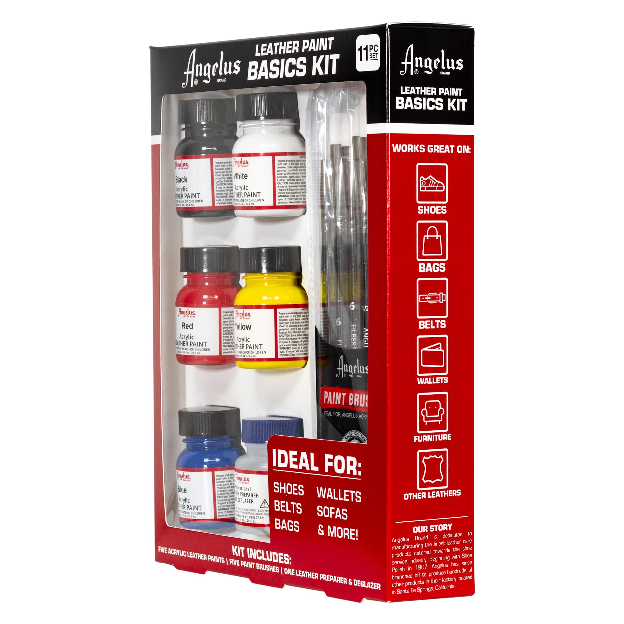 Angelus Acrylic Leather Paint Basics Kit, Contains 1 oz Bottles of Black, White, Red, Blue, Yellow and Preparer, Plus a 5-Piece Brush Set - Image 5