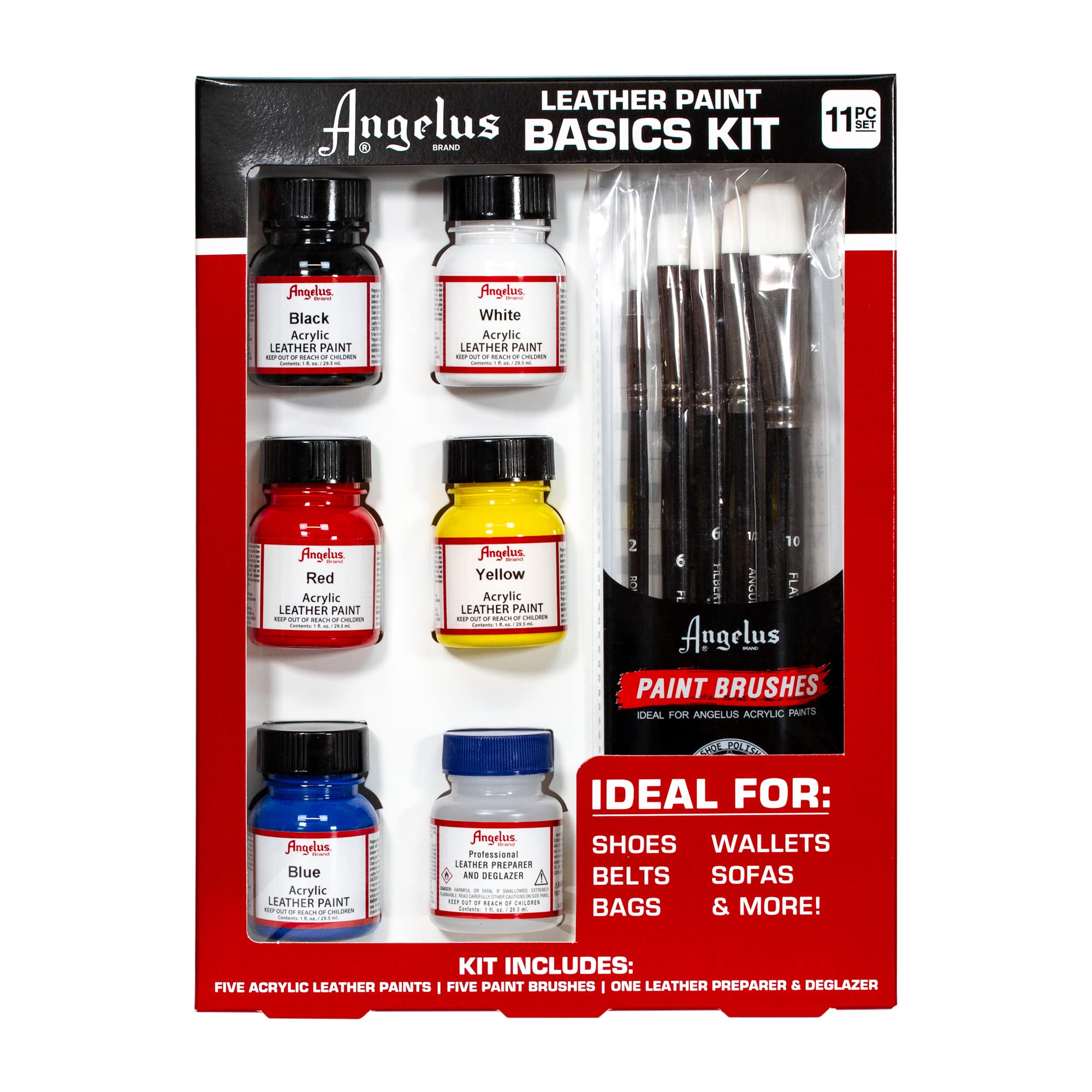 Angelus Acrylic Leather Paint Basics Kit, Contains 1 oz Bottles of Black, White, Red, Blue, Yellow and Preparer, Plus a 5-Piece Brush Set