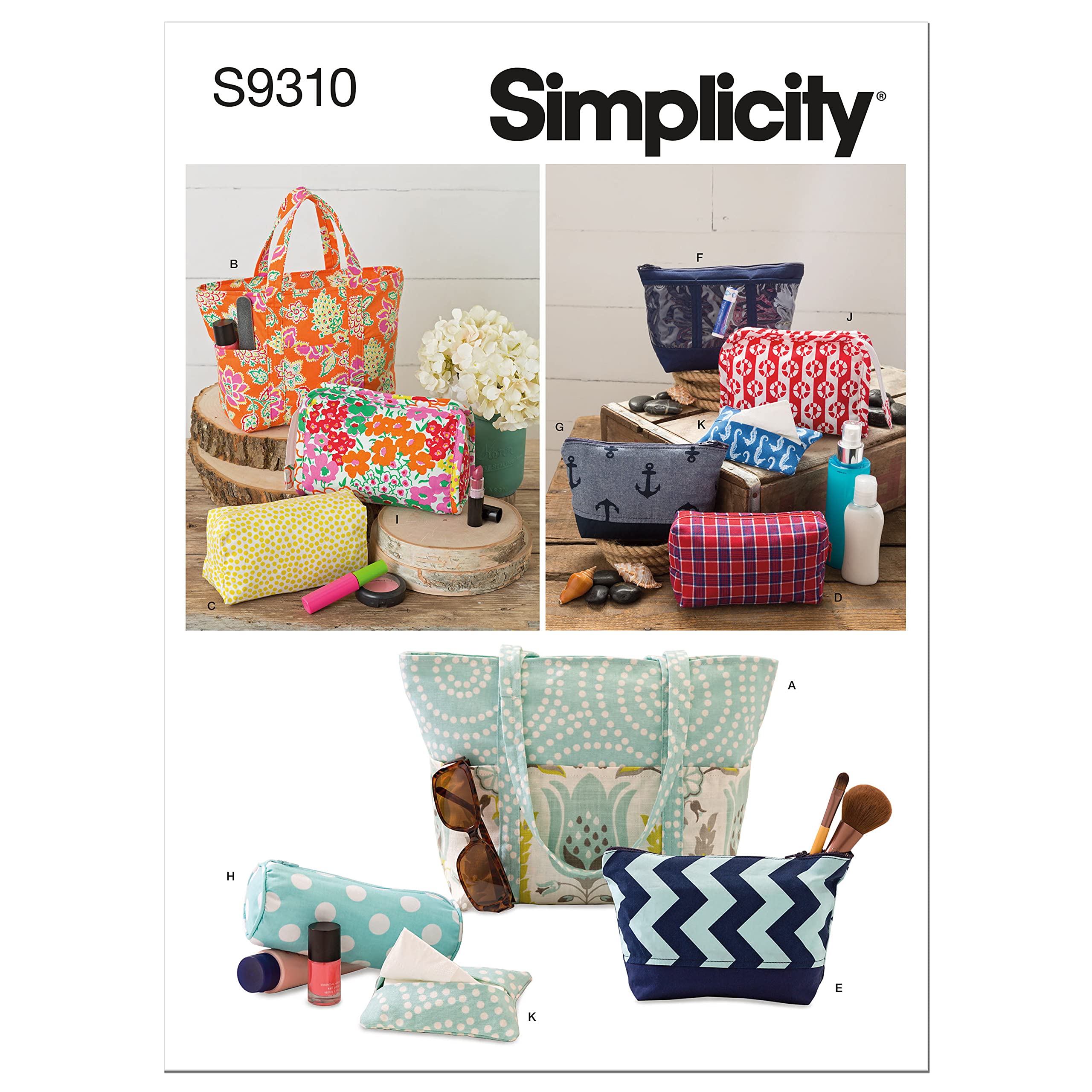 Simplicity S9310 Totes & Bags Sewing Pattern, Assorted Tote Bags, Cosmetic Bags & Tissue Cover, One Size