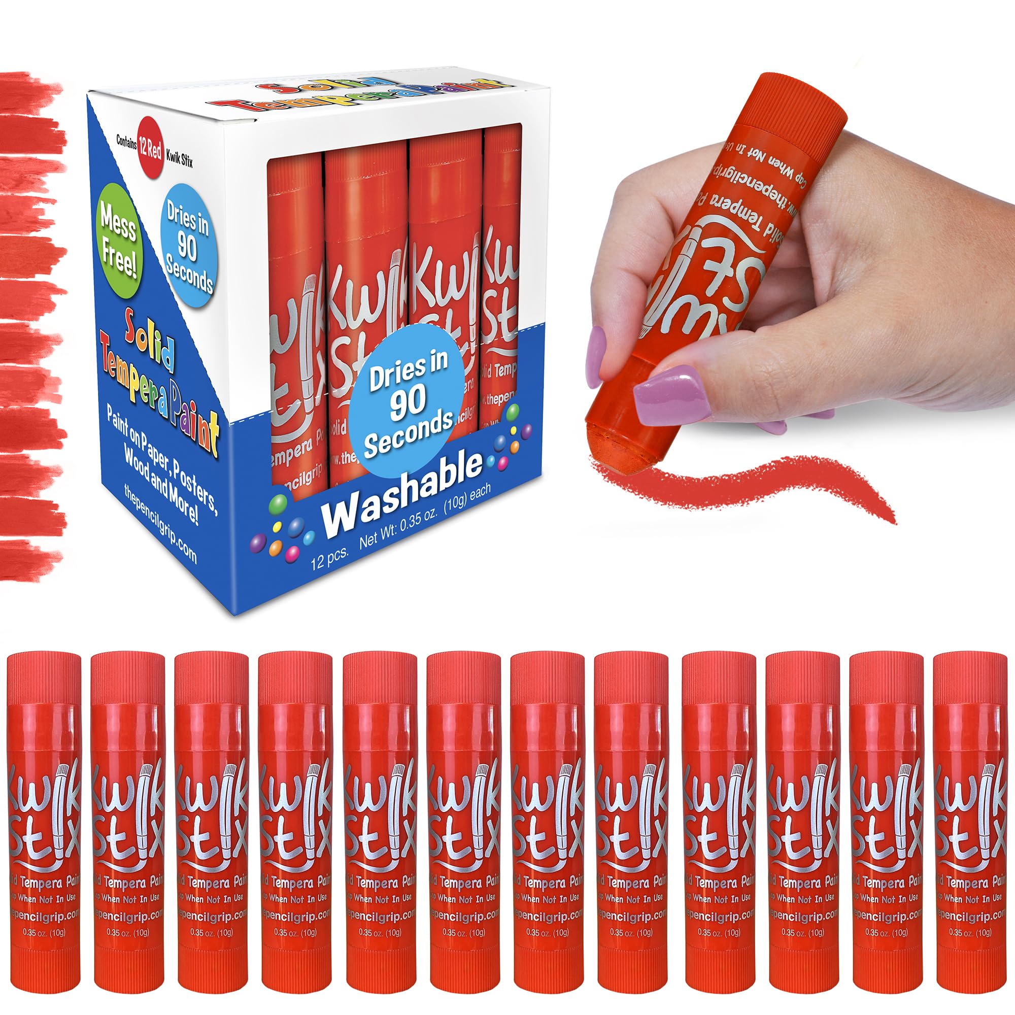 Kwik Stix Solid Tempera Paint Sticks – 12 Pack of Red – Same Color Washable, Quick Dry (90 Seconds), ASTM Certified, Non-Toxic, Allergen-Free Kids & Toddler Art Supplies for Home, School & Crafts
