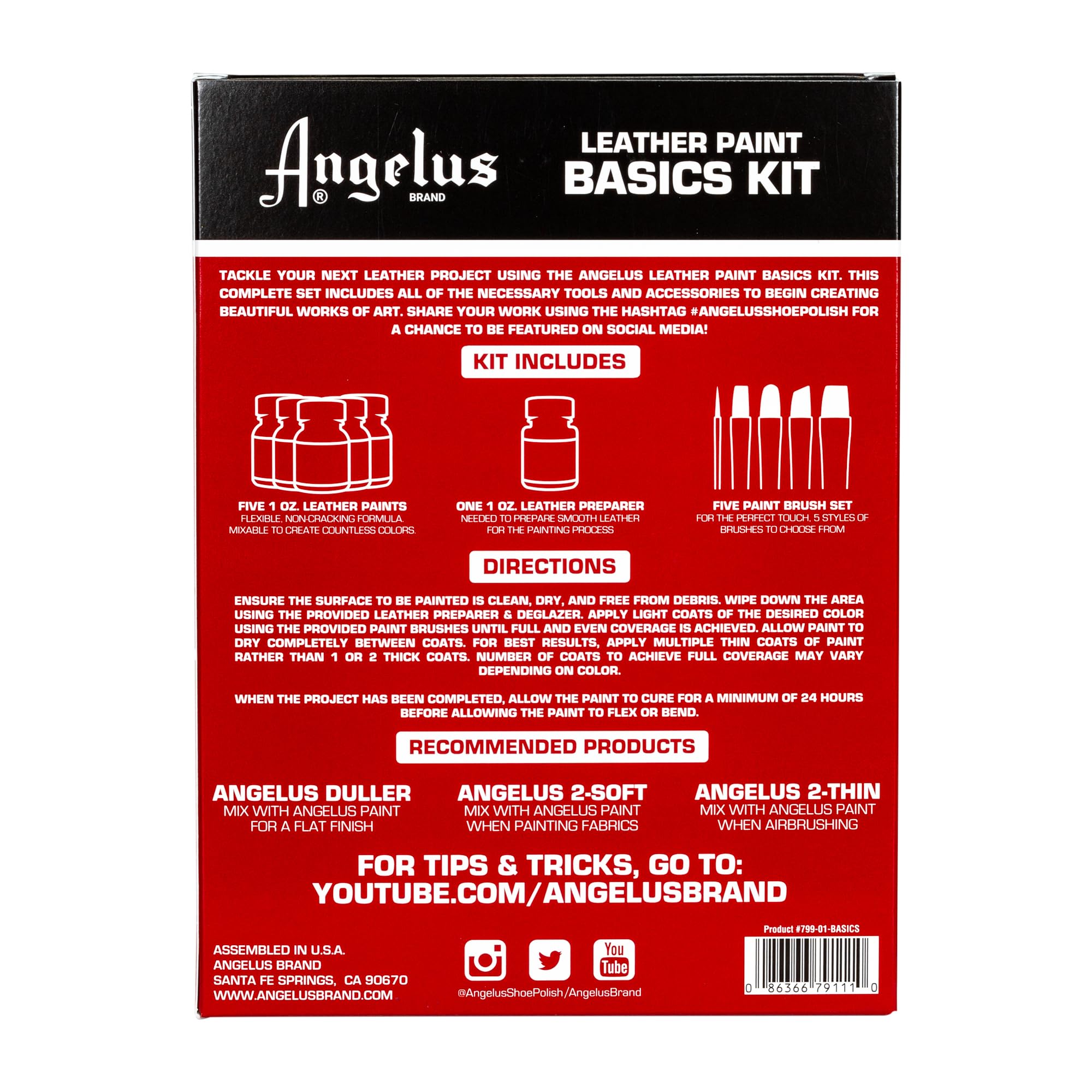 Angelus Acrylic Leather Paint Basics Kit, Contains 1 oz Bottles of Black, White, Red, Blue, Yellow and Preparer, Plus a 5-Piece Brush Set - Image 3