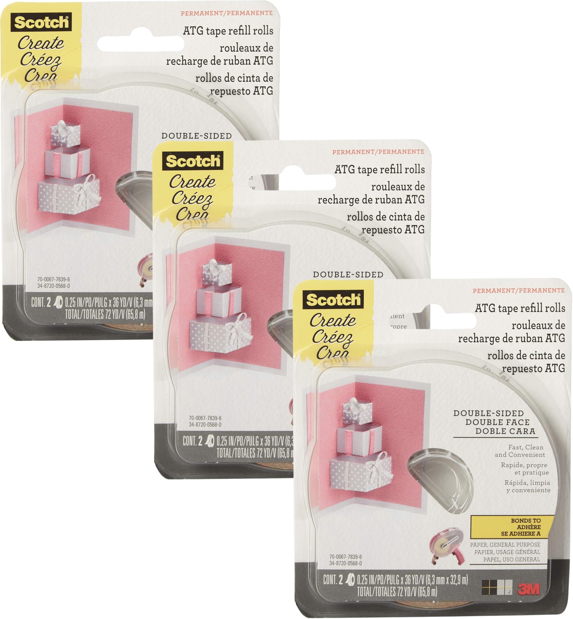 Scotch Advanced Tape Glider Refill Rolls, 1/4 Inch x 36 Yards – (3 Pack, 2 Rolls per Pack) Double-Sided Adhesive for ATG 714 Glider, Scrapbooking & Crafts
