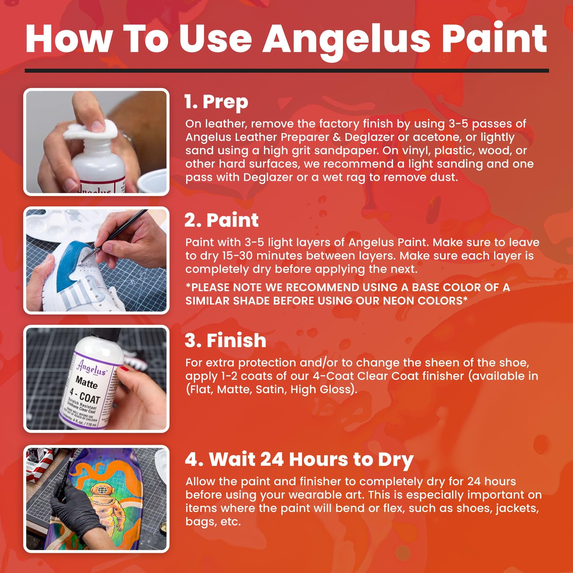 Angelus Acrylic Leather Paint Basics Kit, Contains 1 oz Bottles of Black, White, Red, Blue, Yellow and Preparer, Plus a 5-Piece Brush Set - Image 6