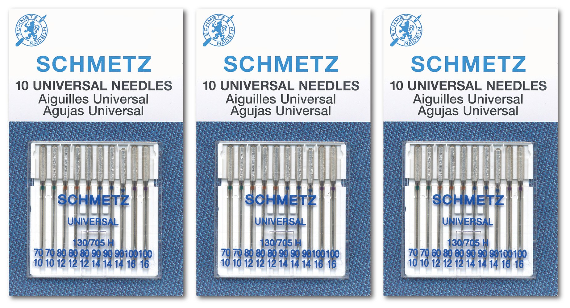 SCHMETZ Universal Sewing Machine Needles - Assorted Sizes, 10 Needle Card, Pack of 3