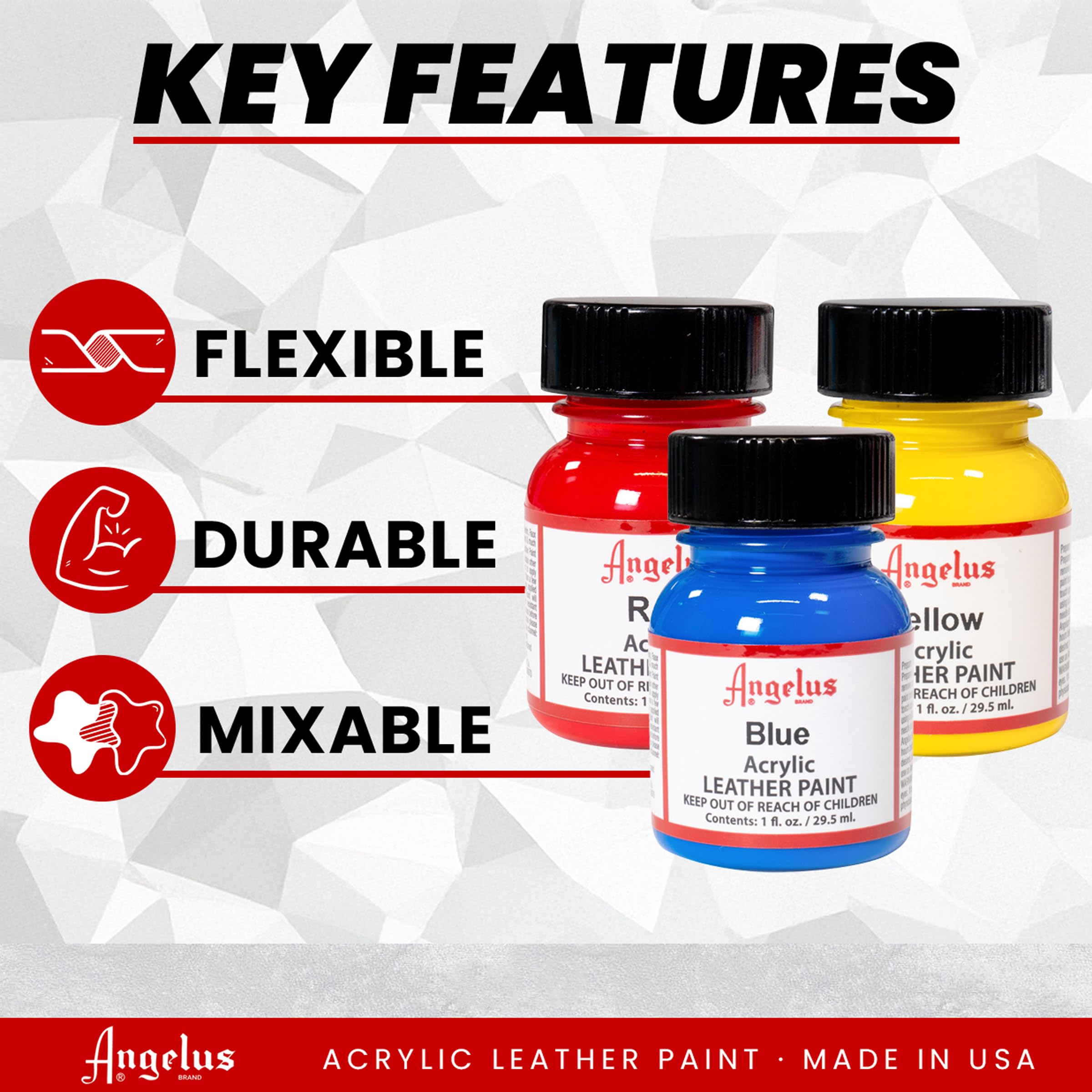 Angelus Acrylic Leather Paint Basics Kit, Contains 1 oz Bottles of Black, White, Red, Blue, Yellow and Preparer, Plus a 5-Piece Brush Set - Image 2
